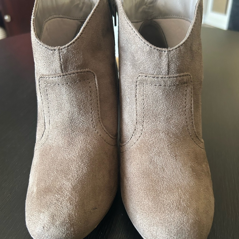 Candie's Whitney Taupe Suede Side Zipper Ankle Heeled Booties.